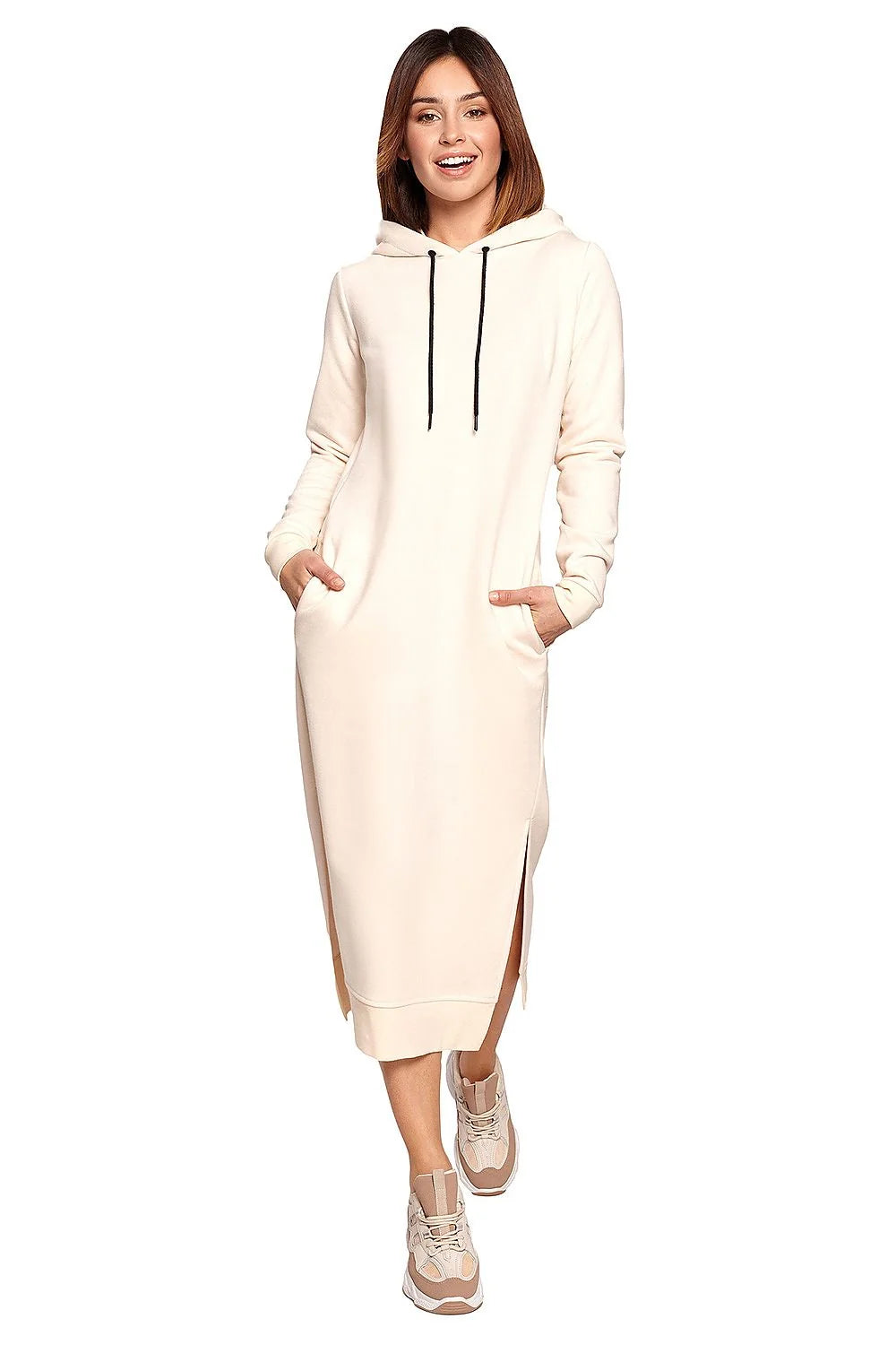 Robe sweat coton décontractée beige confortable capuche poches longues moderne femme activités quotidiennes