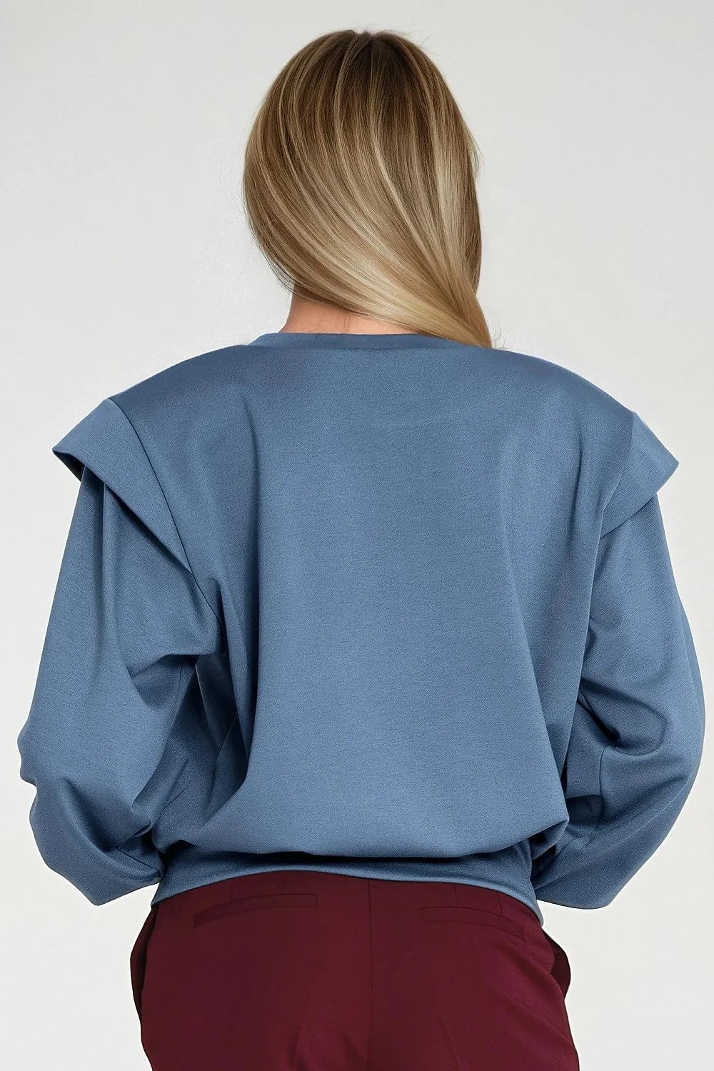 sweatshirt oversize femme bleu acier col rond manches longues épaules structurées coussinets manches bouffantes poignets larges bande serrée crêpe polyester