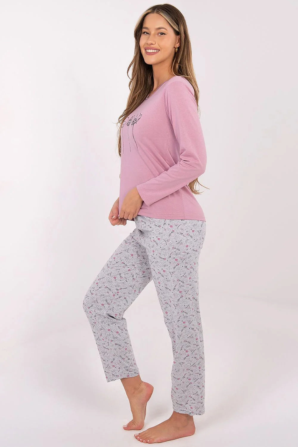 pyjama femme deux pièces coton doux respirant manches longues encolure ronde haut imprimé floral trois fleurs pantalon gris chiné confortable