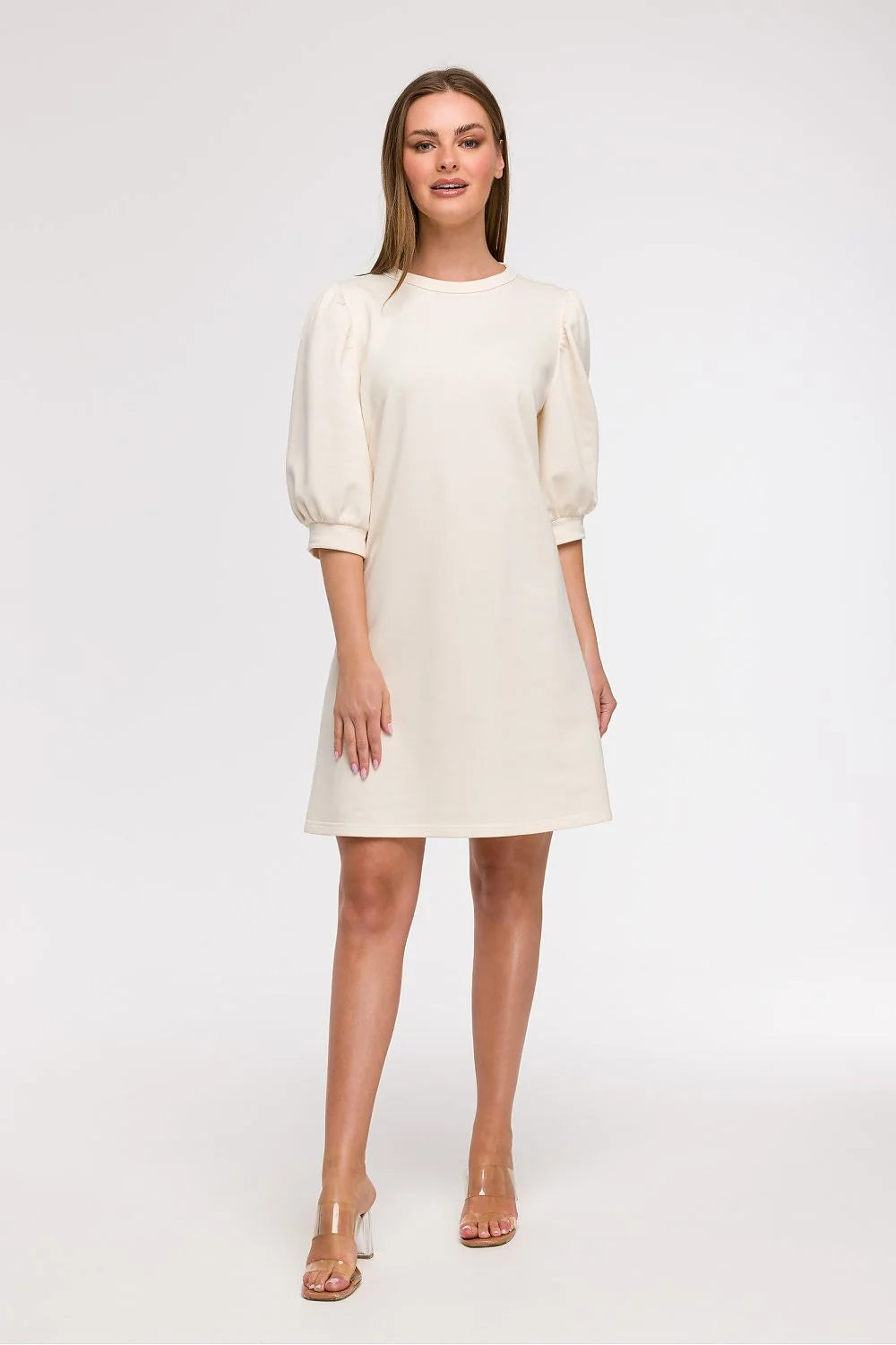 Robe de jour Be Wear élégante coupé droite manches bouffantes couleur crème tissu doux confort femme quotidienne vacances ville