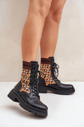 Bottines audacieuses femme cuir simili tissu motif léopard semelle épaisse lacées style urban chic talon 4.5 cm