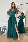 robe longue vert émeraude tulle chiffon Aline élégante soirée mariage décolleté croisé V manches longues transparentes taille cintrée fente cuisse