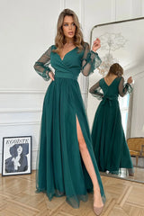 robe longue vert émeraude tulle chiffon Aline élégante soirée mariage décolleté croisé V manches longues transparentes taille cintrée fente cuisse