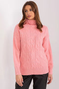 Pull col roulé maille torsadée rose pâle féminin élégant confortable automne hiver longues manches ample droite finitions côtelées