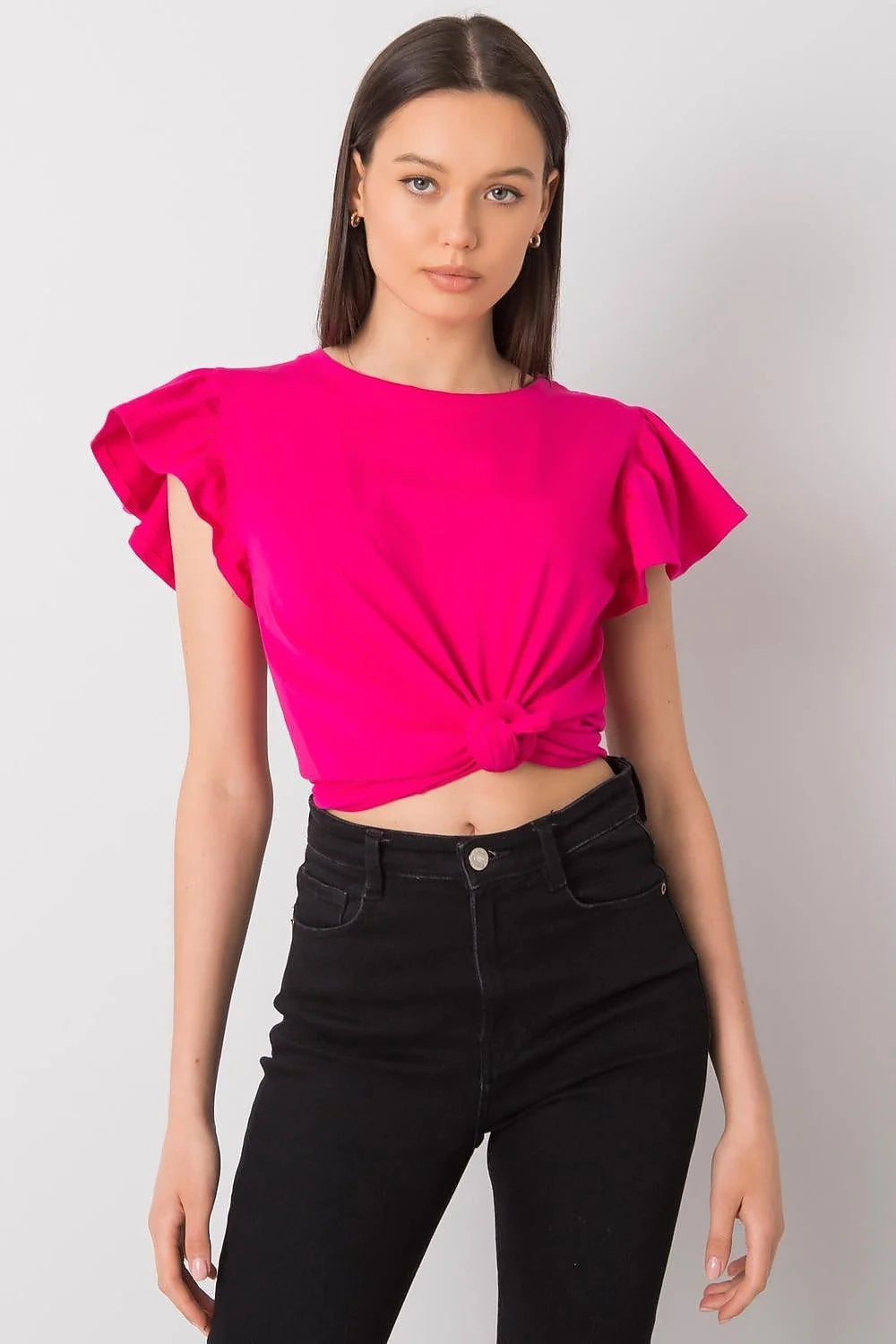 chemisier femme crop noué devant fuchsia manches courtes volants encolure ronde coton lycra stretch cintré taille haute léger respirant