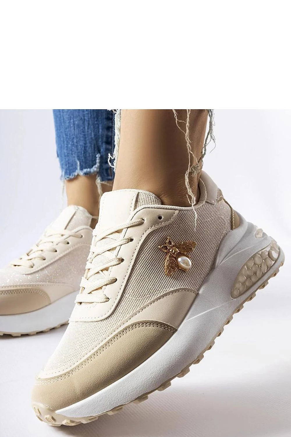 Baskets mode Solea femmes beige blanc motif libellule cuir textile confortable été printemps décontracté