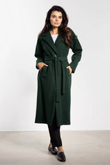 manteau femme ceinturé midi col tailleur revers vert sapin coupe droite bouton unique fendue poches italiennes tissu laine manches longues