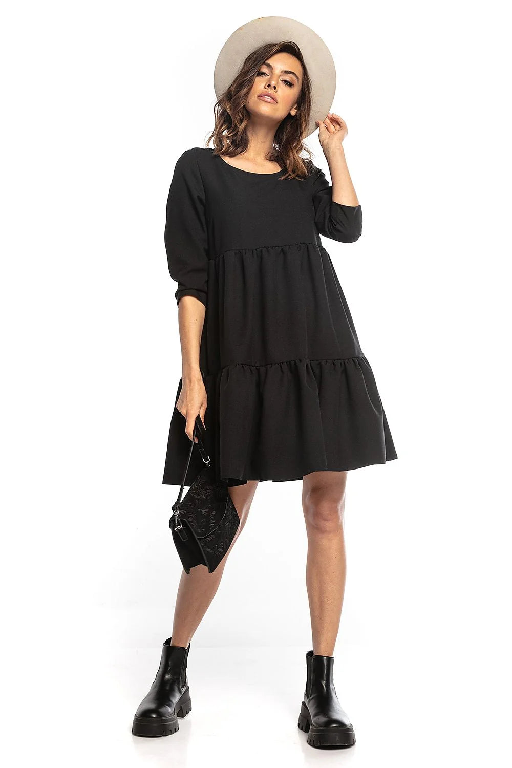Robe ample polyester élasthanne décontractée élégante manches trois-quarts col rond bleu canard automne femmes
