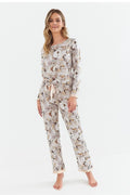 Pyjama pour femme élégant en coton et polyester floral longues manches décolleté rond taille élastique