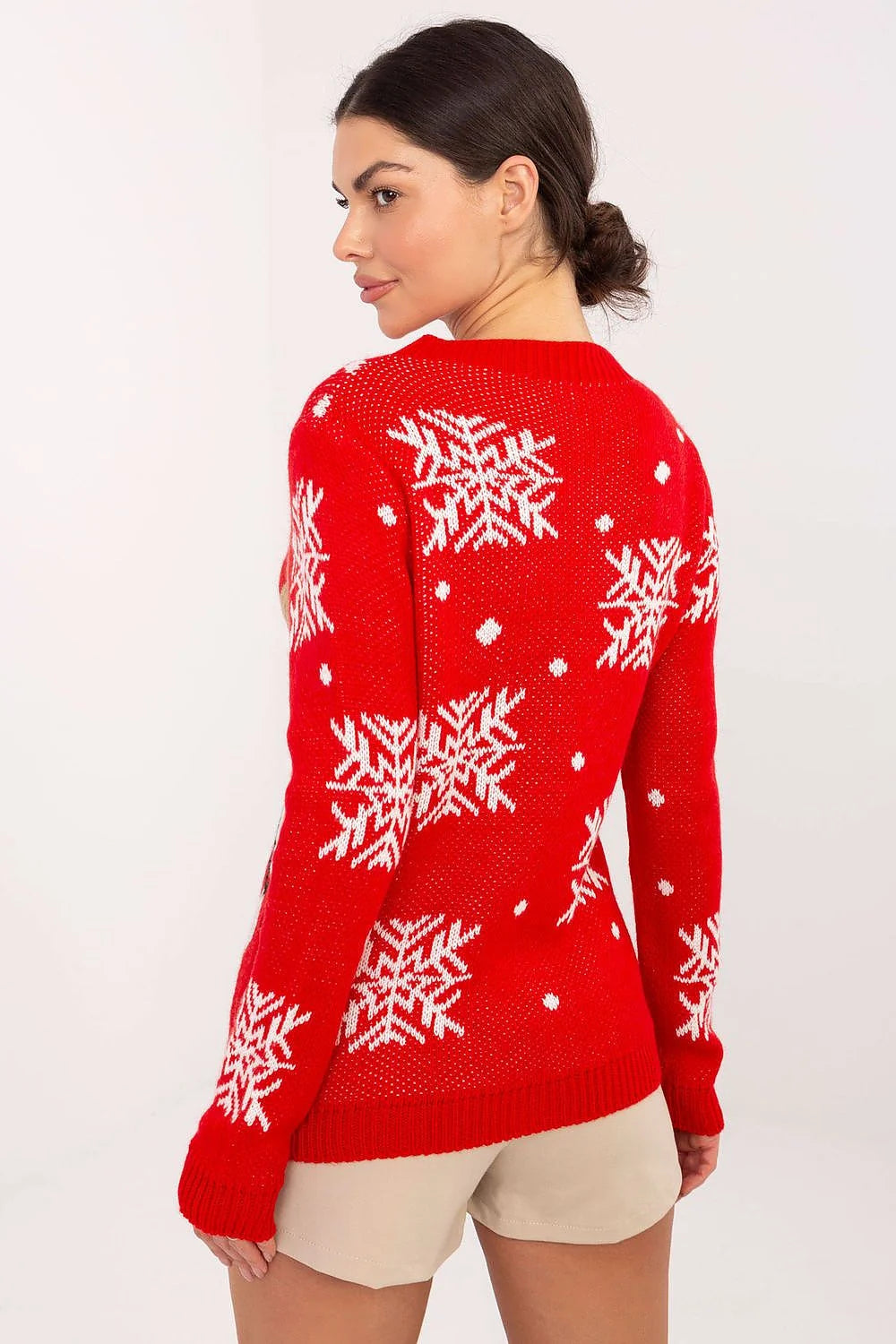 pull noël femme rouge jacquard renne grand motif flocons inscription col rond manches longues bordcôtes tricot chaud doux