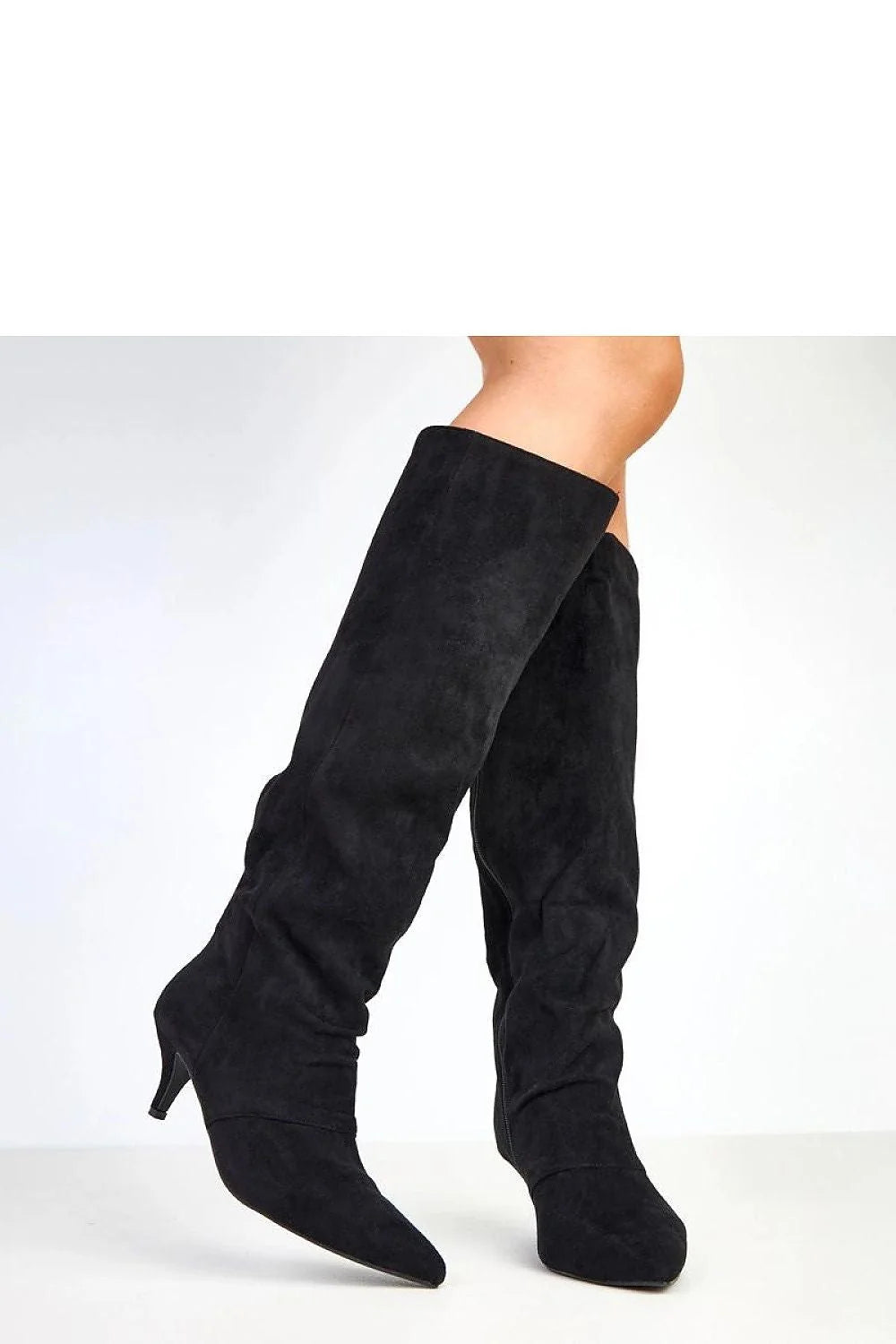 bottes femme cuir suédé noir hauteur genou tige 43cm bout pointu talon 6cm kitten élégant féminin ajusté mollet