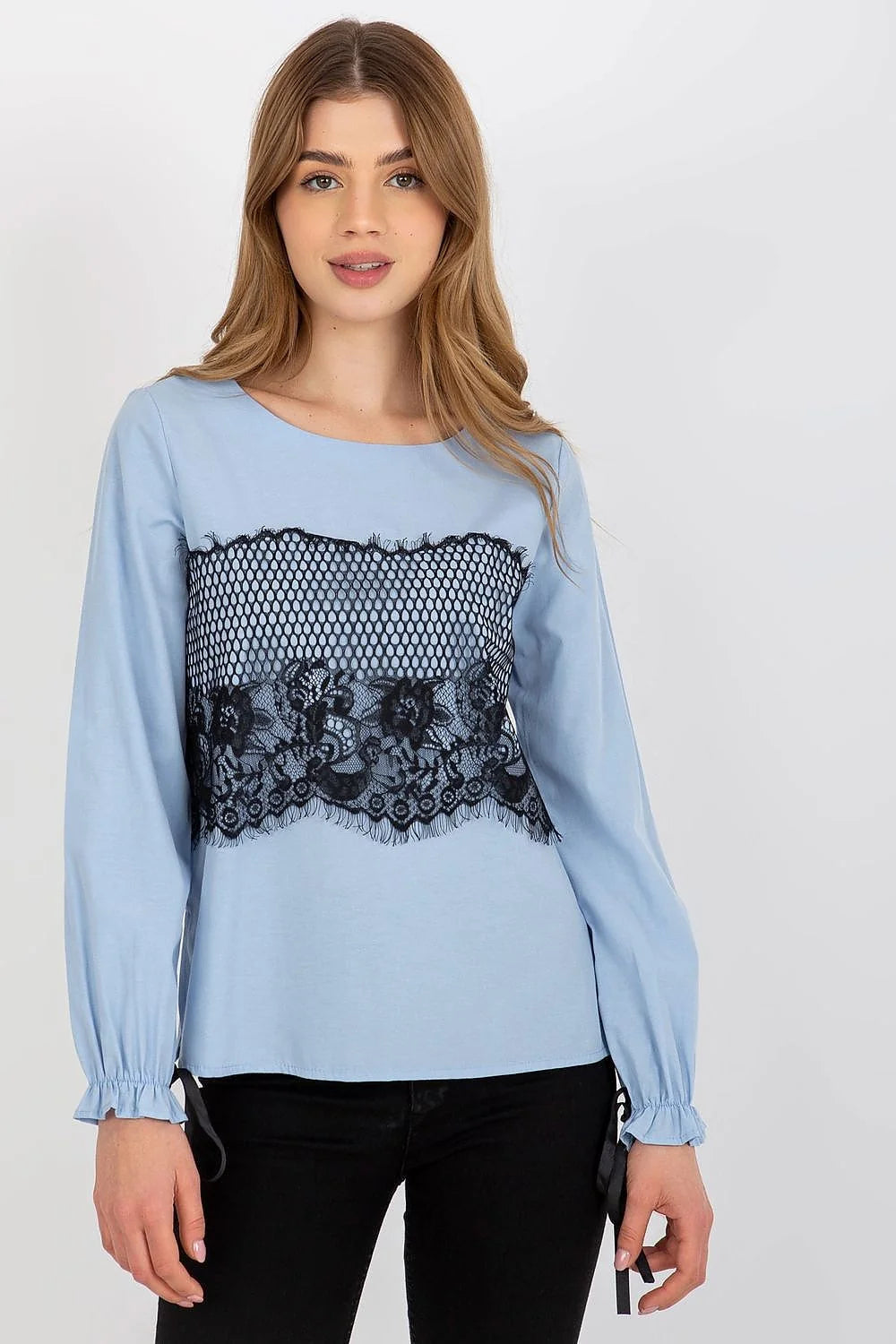 Chemisier Lakerta élégant pour femme manches longues dentelle noire rubans poignets tissu coton 100 % ajusté silhouette