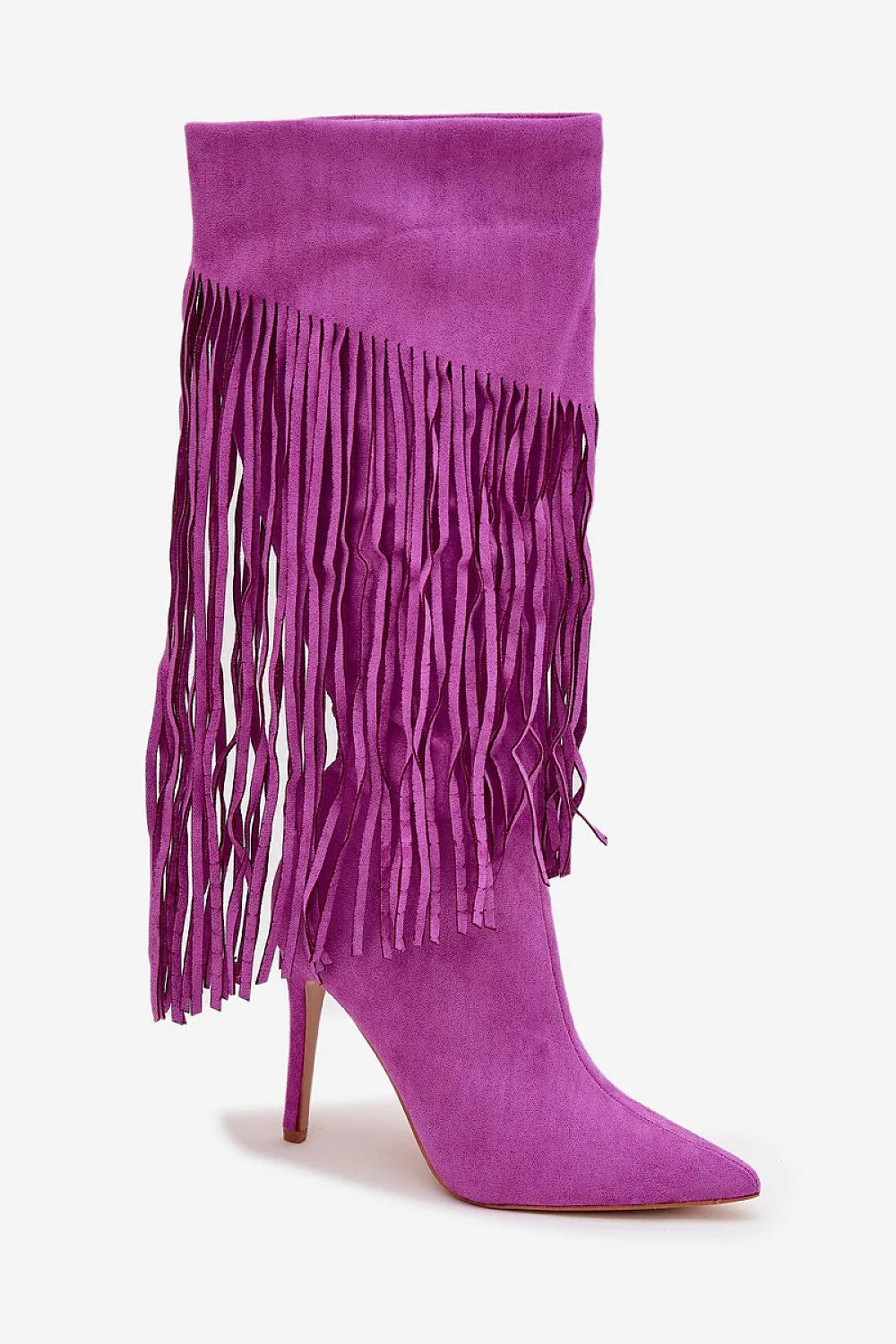 bottes hautes femme suédine écologique violet fuchsia franges longues bout pointu talon aiguille fin bohème chic