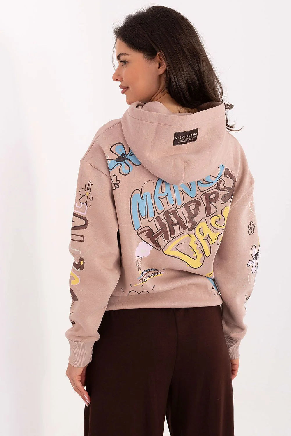 sweat hoodie femme molletonné rose poudré oversize manches longues poignets côtelés poches latérales imprimé graphique multicolore lettrage positive broderie discrète
