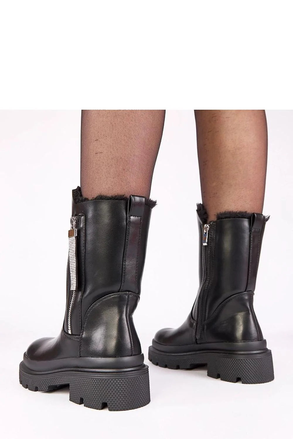 bottines femme cheville cuir écologique noir lisse plateforme 5cm épais semelle crantée bout rond doublure fourrure zircon fermeture éclair latérale
