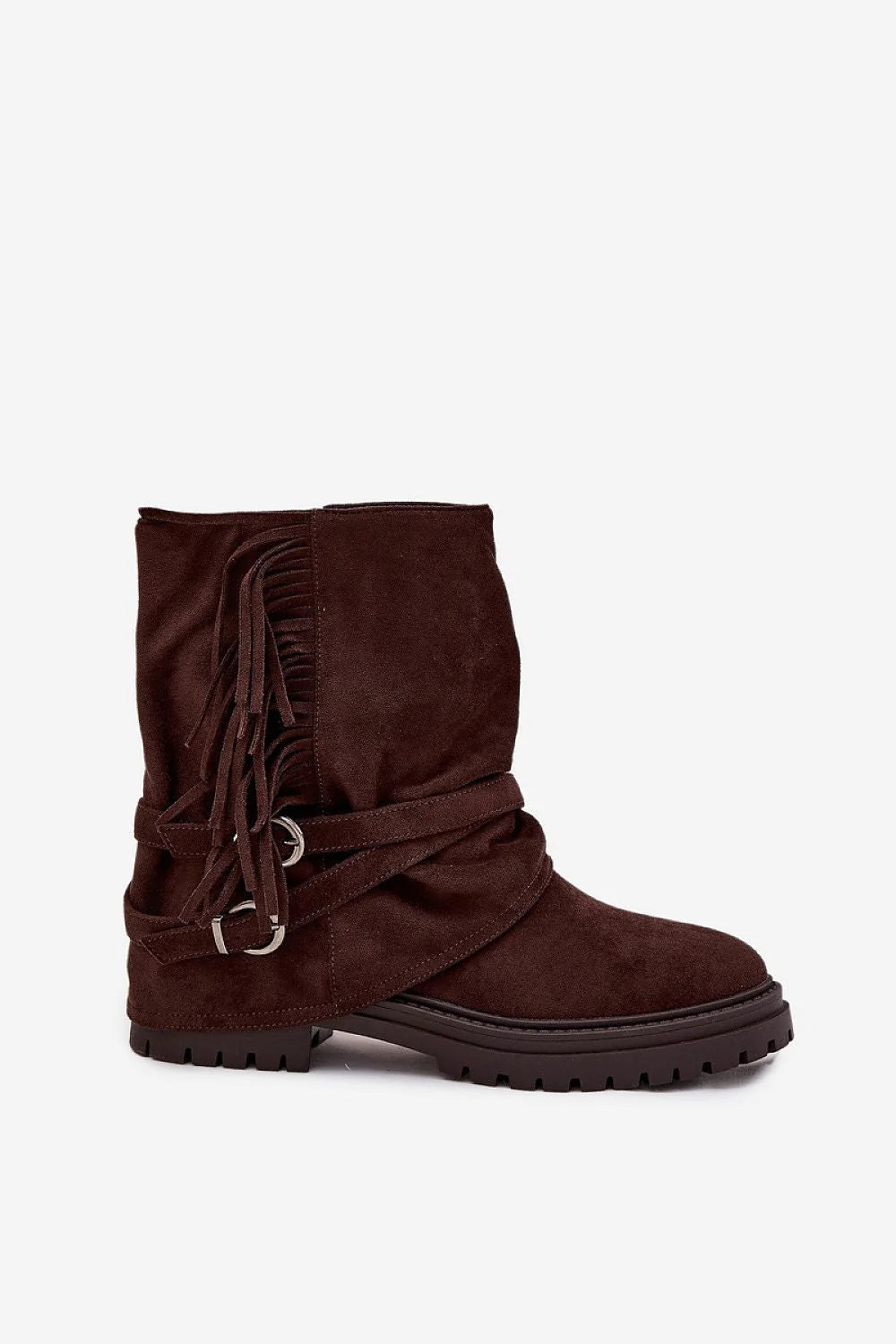 bottines femme suédine douce marron foncé effet daim mi mollet semelle crantée antidérapante franges sangles boucles anneaux métalliques fermeture éclair