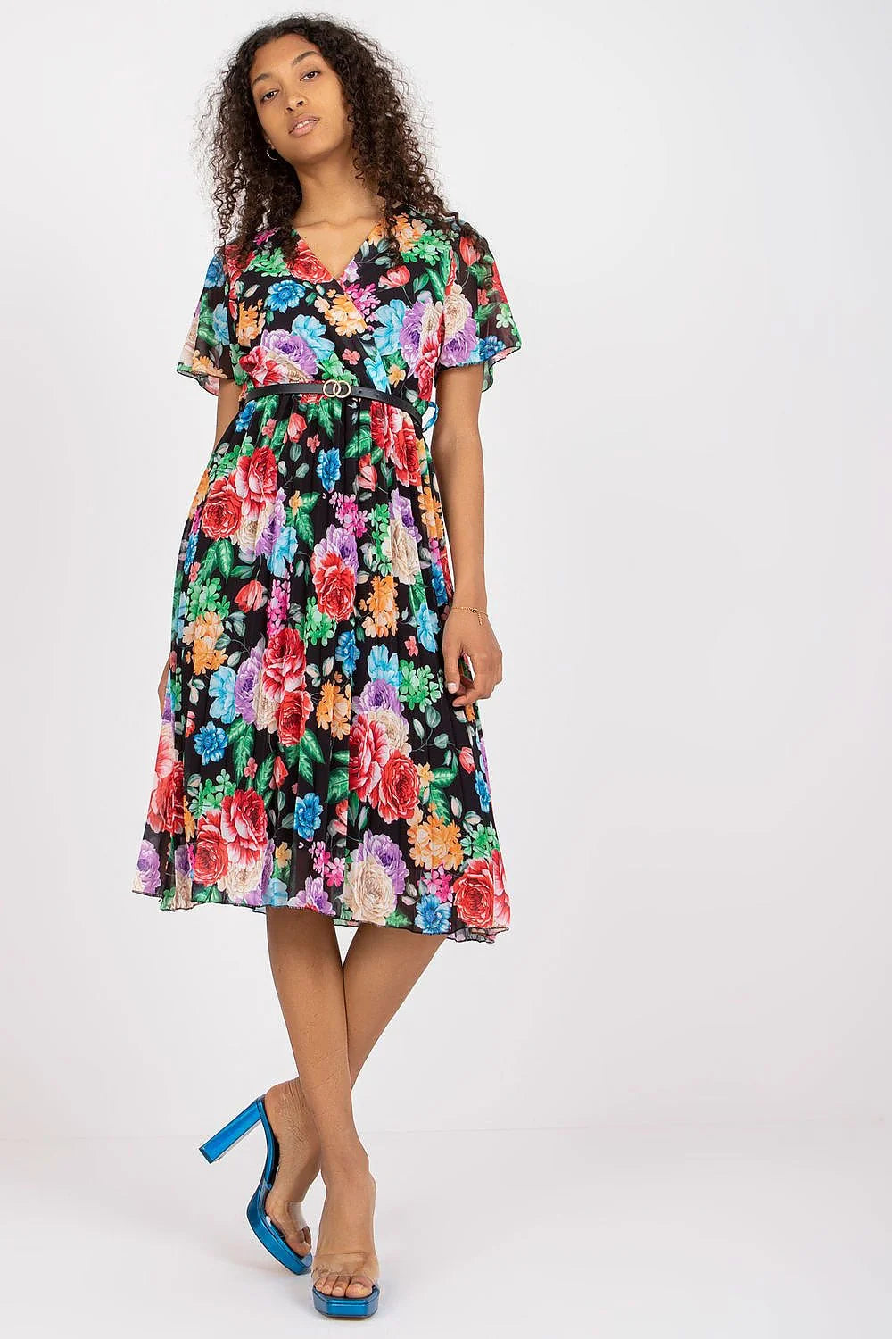 Robe d'été Italy Moda floral midi manches courtes V-neck évasée ceinture noire vert multicolore polyester viscose elasthanne femme printemps été