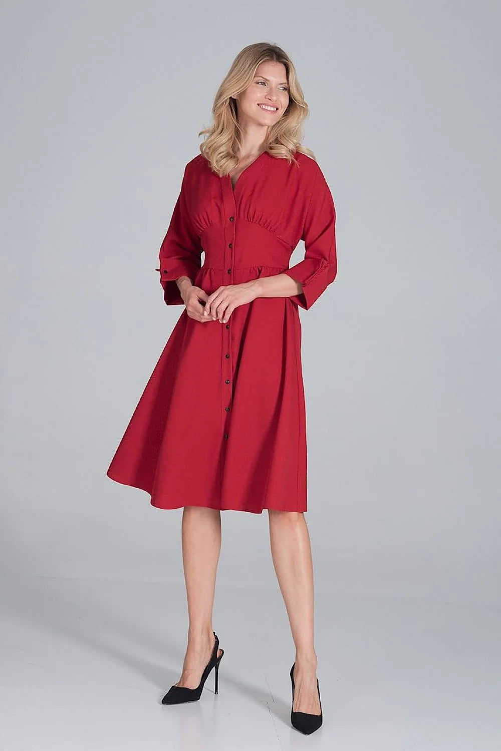 Robe midi polyester élégante rose vive manches trois-quarts boutons col V femme mode chic
