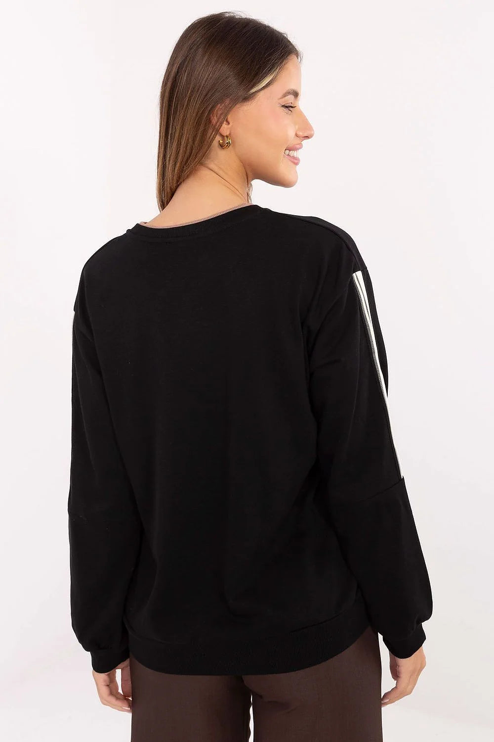 sweatshirt femme oversize noir molletonné col rond manches longues ballon bandes blanches lettrage DOING MY BEST broderies casual chic
