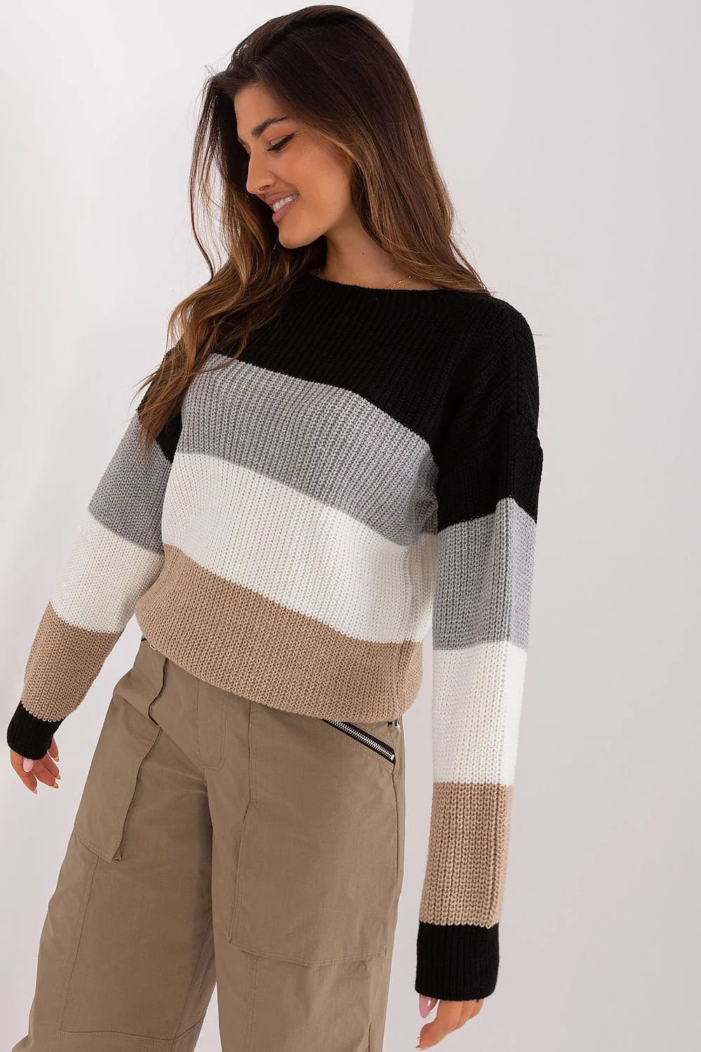 Pull femme style moderne décontracté rayures horizontales gradient matières mixtes chaleur confort manches longues col rond