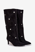 bottes hautes femme daim écologique noir bout pointu talon kitten bas fin silhouette slim ornements dorés