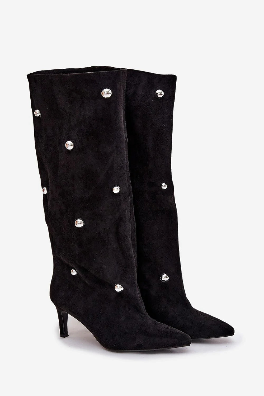 bottes hautes femme daim écologique noir bout pointu talon kitten bas fin silhouette slim ornements dorés