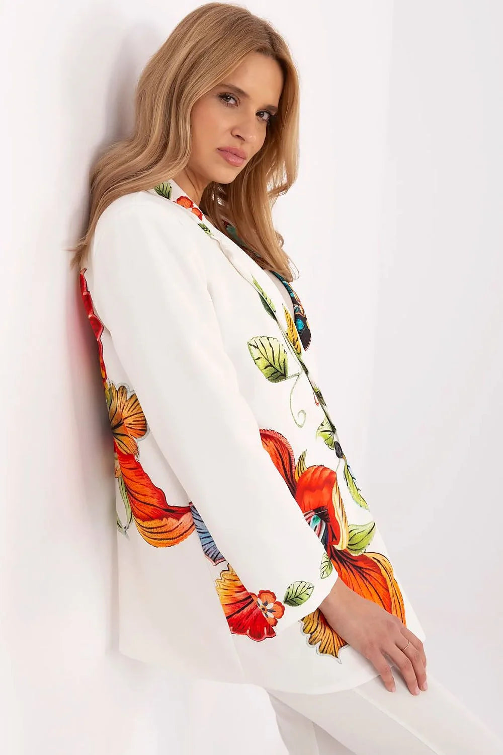 Veste Italy Moda design audacieux élégant floral vibrant blazer coupe droite manches longues poches à rabat