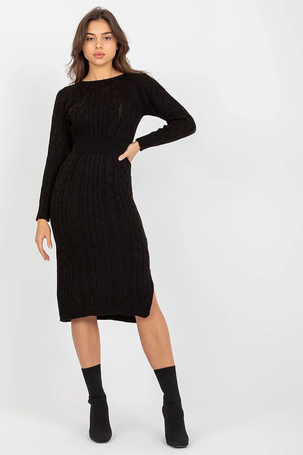Robe de jour élégante longue manches longues tricotée tressée décorative acrylique et coton taille élastique femme