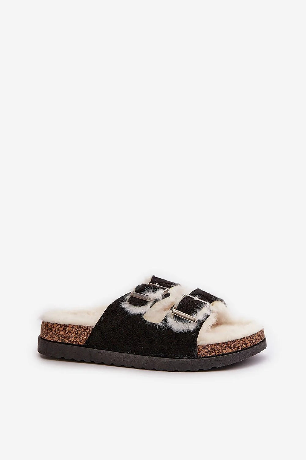 pantoufles femme élégantes doublées fourrure fausse blanche cuir suédé noir mule plateforme 3cm brides réglables boucles argentées semelle liège antidérapante