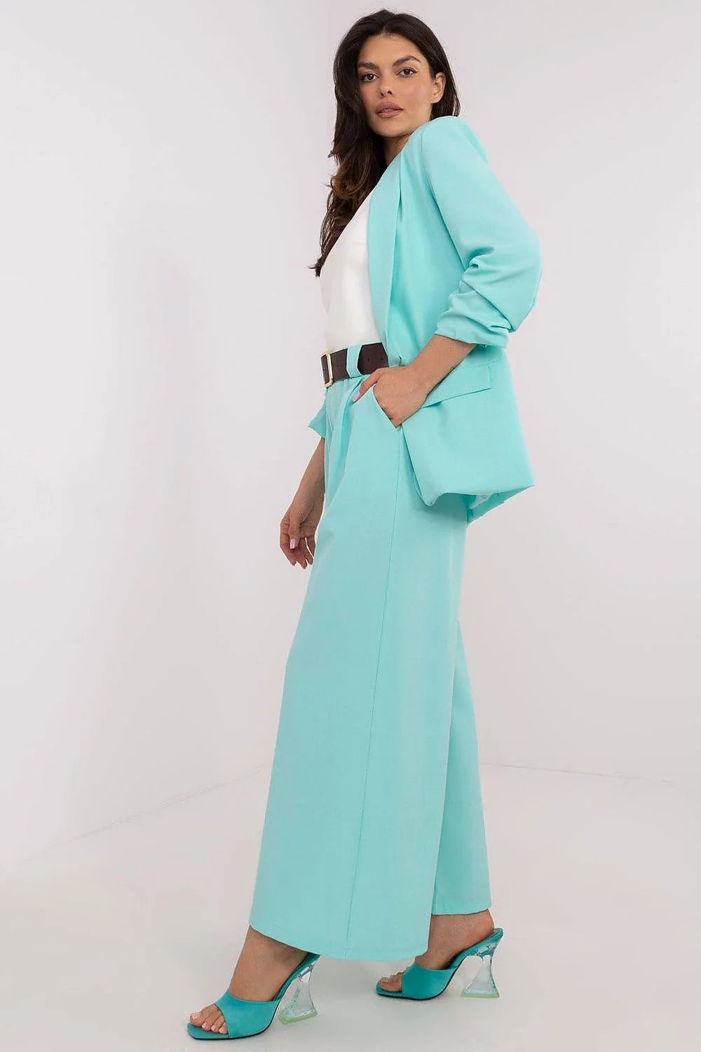Pantalon femme style palazzo large couleur turquoise高 waist élasthanne polyester occasion semi-formelle mode élégant