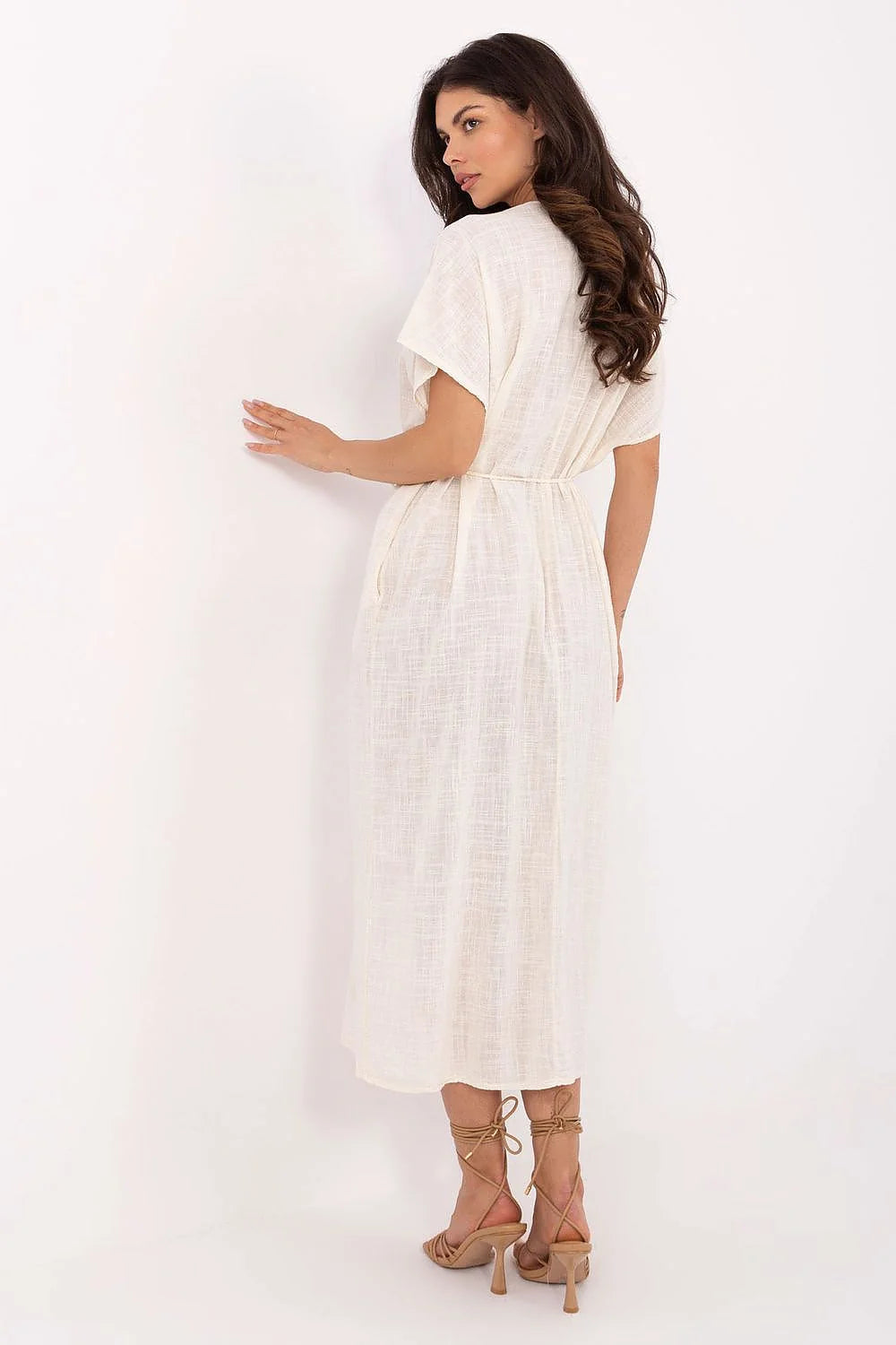 Robe longue en lin crème Och Bella, style boho, coupe fluide, décolleté en V, manches courtes, ceinture à pompons, pour femme, été, occasionnels décontractés