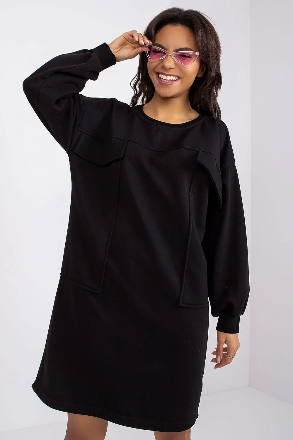 Robe décontractée Ex Moda en coton polyester manches longues élastiquées poches avant beige clair pour quotidien femme mode moderne