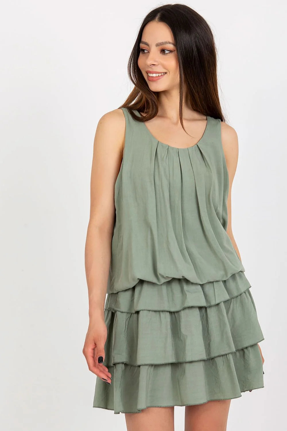 Robe d'été sans manches en viscose vert olive avec volants et plis taille élastique femme