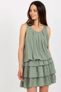 Robe d'été sans manches en viscose vert olive avec volants et plis taille élastique femme