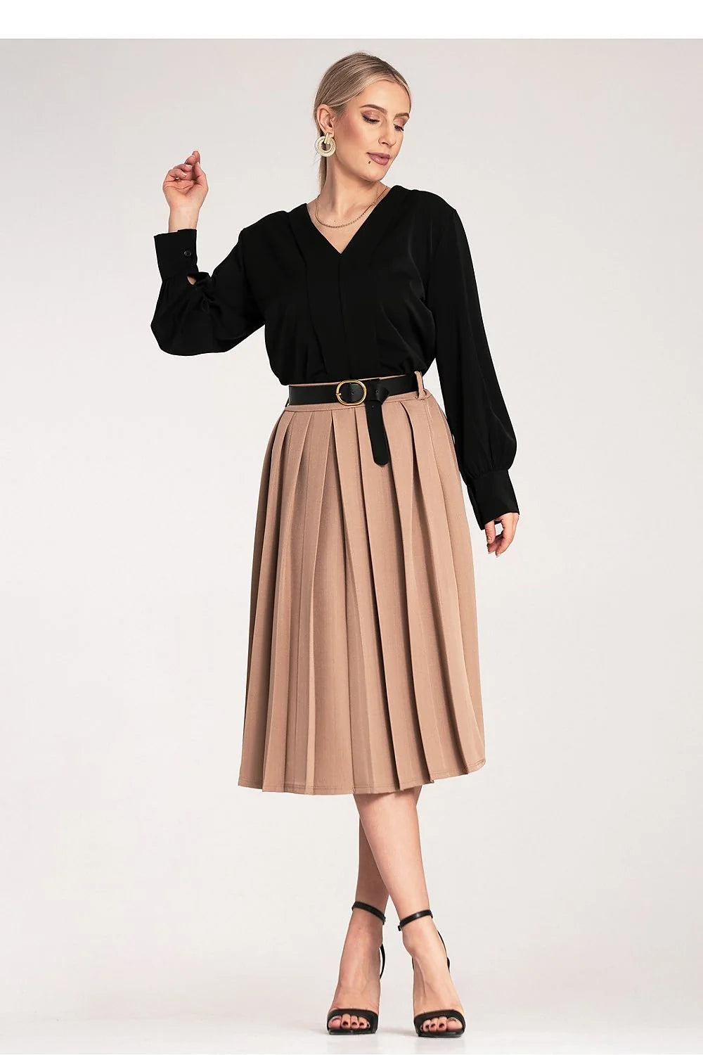 Jupe plissée élégante longueur midi taille haute ceinture noire femme polyester elasthanne robe professionnelle occasion formelle