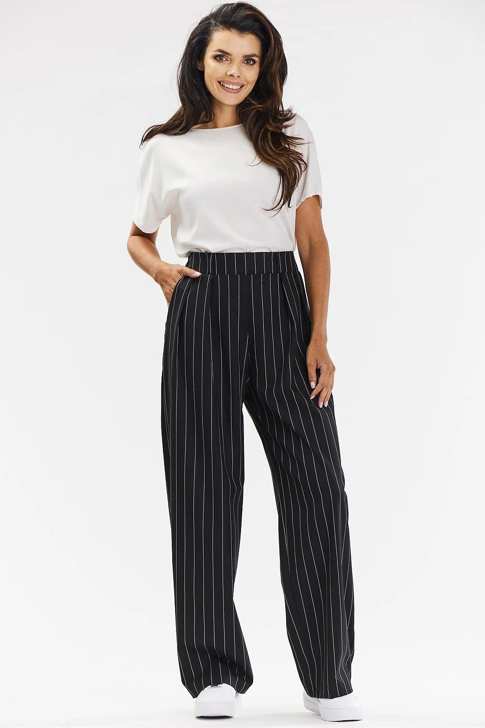 Pantalon femme awama large rayures noires et blanches haut taille élastique viscose occasion bureau quotidien