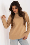 Pullover femme col roulé beige matériau mixte acrylique polyester polyamide manches longues coupé ajusté finitions soignées style intemporel moderne pour quotidien hiver