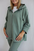 Sweatshirt La Aurora hooded sage green stretch cotton mature women loose fit enzymated siliconed fabric casual wear