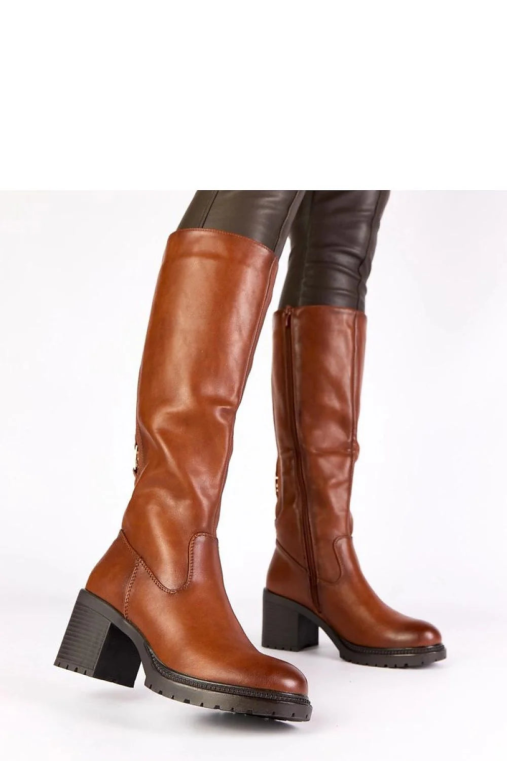 bottes femme genou cognac cuir écologique lisse bout rond talon bloc 7cm tige 35cm doublure chaude semelle crantée zip intérieur