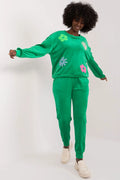 Ensemble Italy Moda pour femme en velours vert vif, sweat-shirt et pantalon assortis, motifs floraux, coupe ample et confortable, style décontracté et tendance