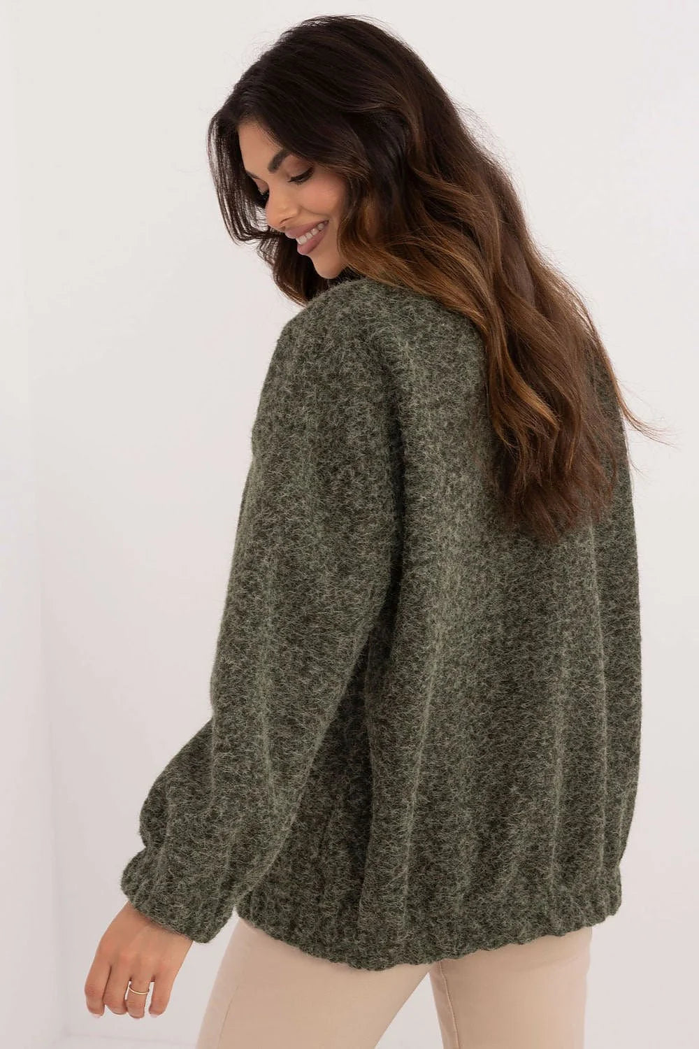 cardigan femme oversize kaki pelucheux maille mi longue col V manches bouffantes galon jacquard beige noir ourlets élastiqués