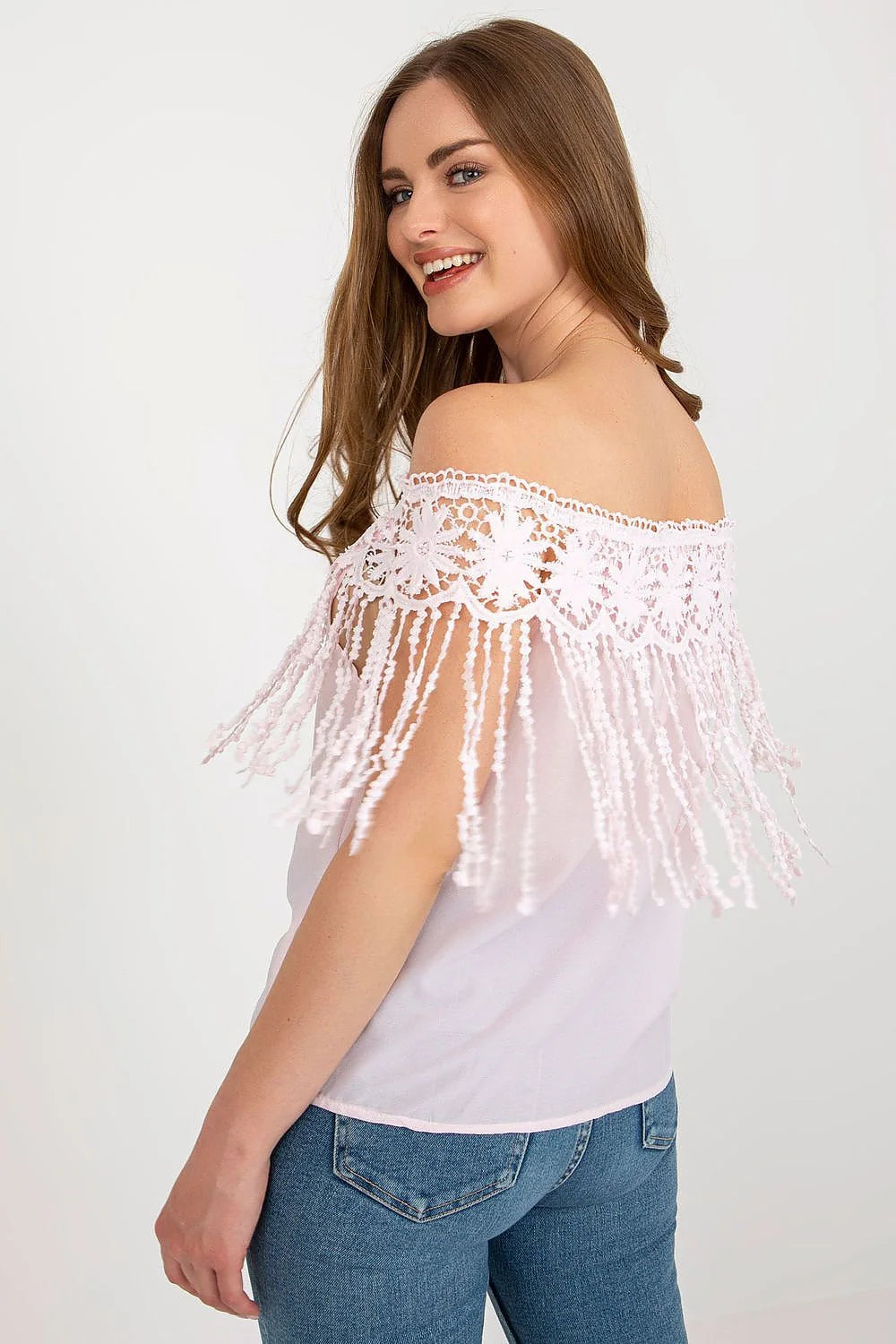 Chemisier d'été à épaules nues en dentelle rose pâle, coton polyester, style bohème romantique, tailles S/M/M/L