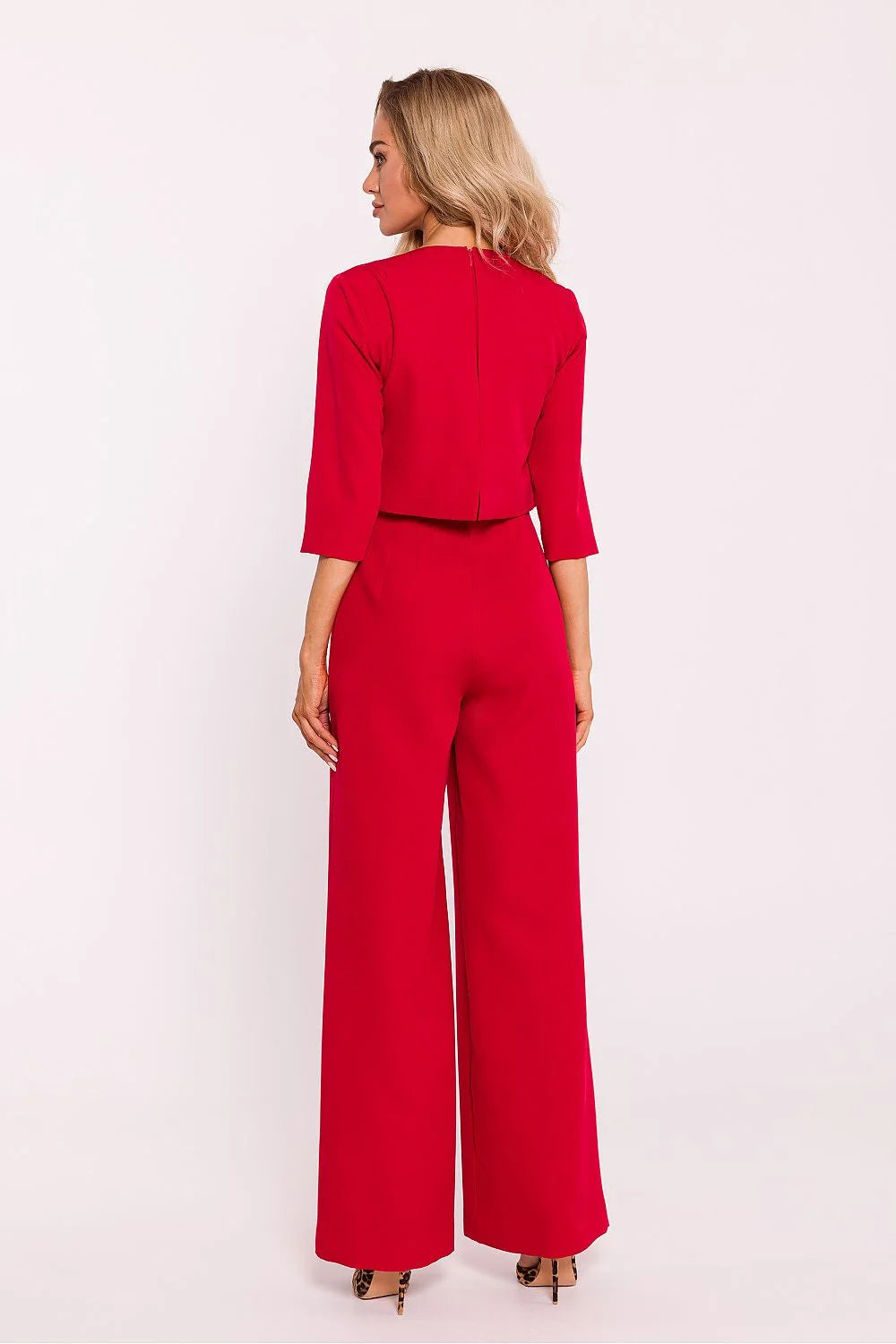 Combinaison élégante pour femme en rouge vif hauts manches 3/4 pantalon jambes larges moderne tendance