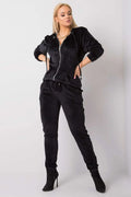 survêtement velours noir femme deux pièces sweat zippé capuche cordons poches kangourou pantalon jogging taille élastique fuselé chevilles