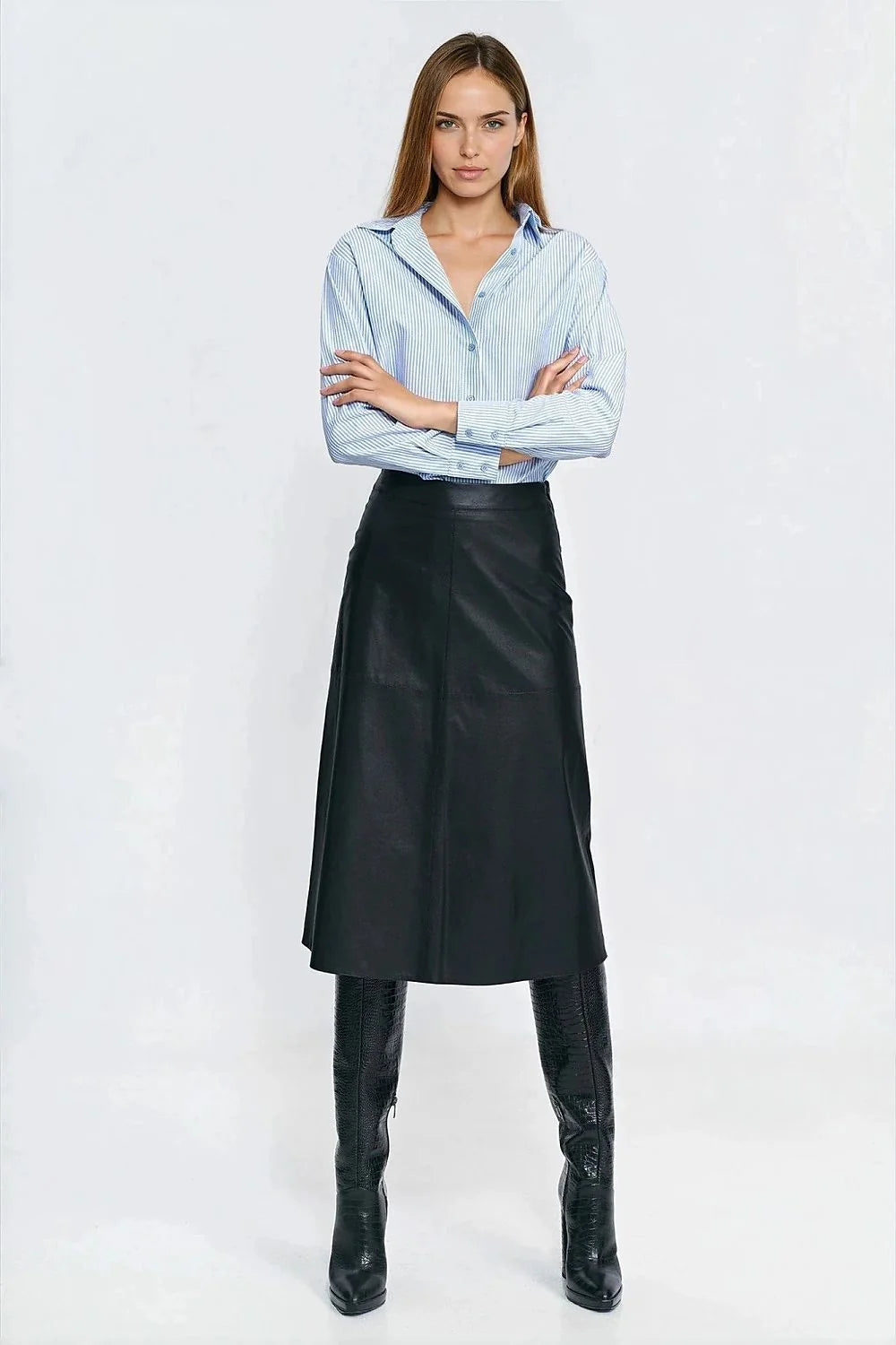chemise manches longues rayée bleu ciel blanc popeline légère col classique boutonnage central coupe droite ample coton confortable
