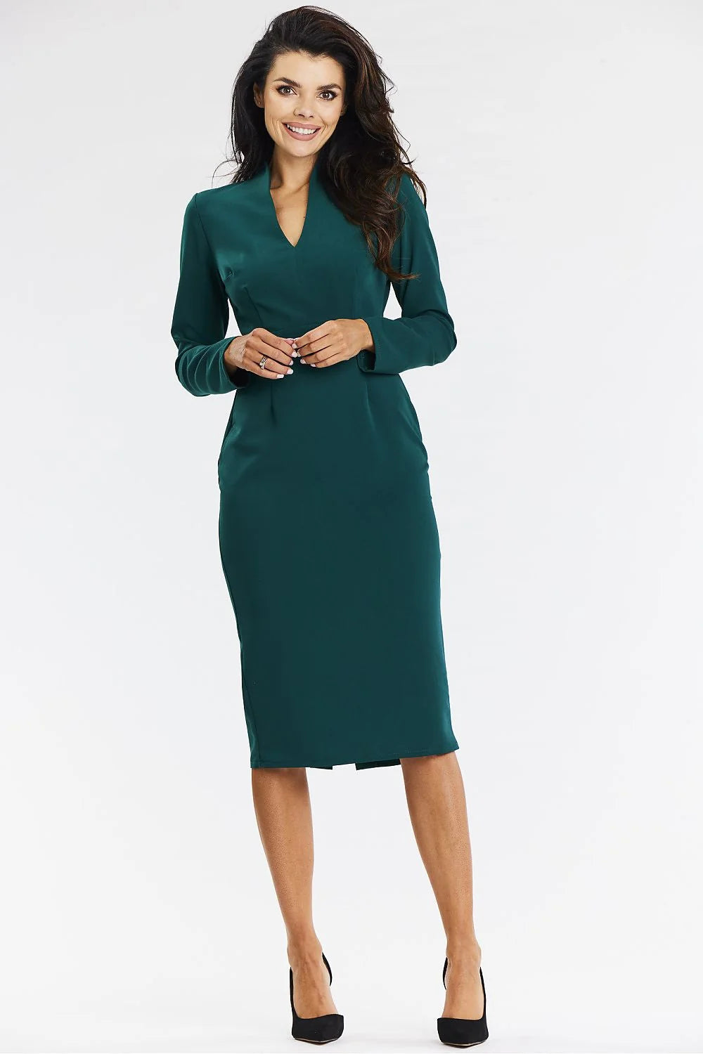 Robe de soirée élégante longue manches longues V-neck vert émeraude taille ajustée femme édition limitée