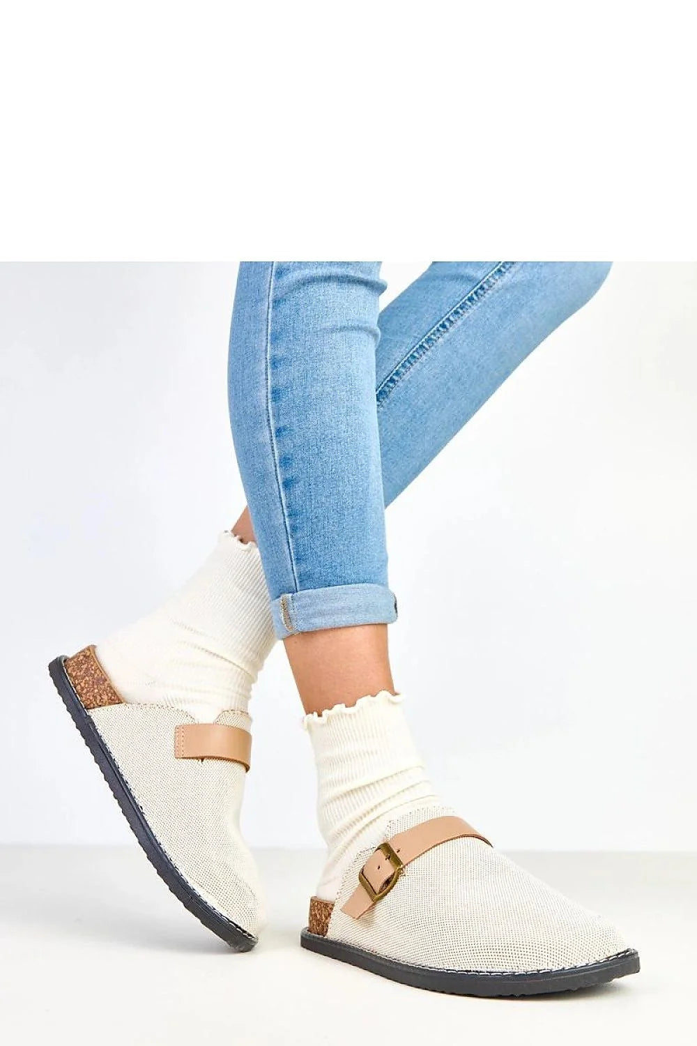 mules femme toile écrue bout rond bride réglable cuir camel boucle laiton liège semelle caoutchouc antidérapante plateforme 35mm intérieur doux