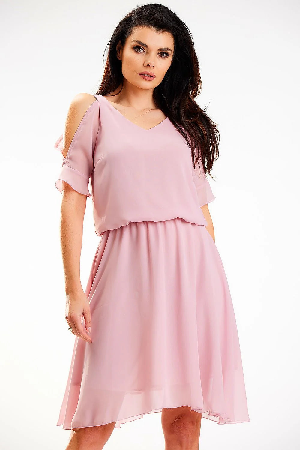 Robe de jour élégante en mousseline rose pastel épaules découvertes encolure V manches mi-longues taille élastique femme