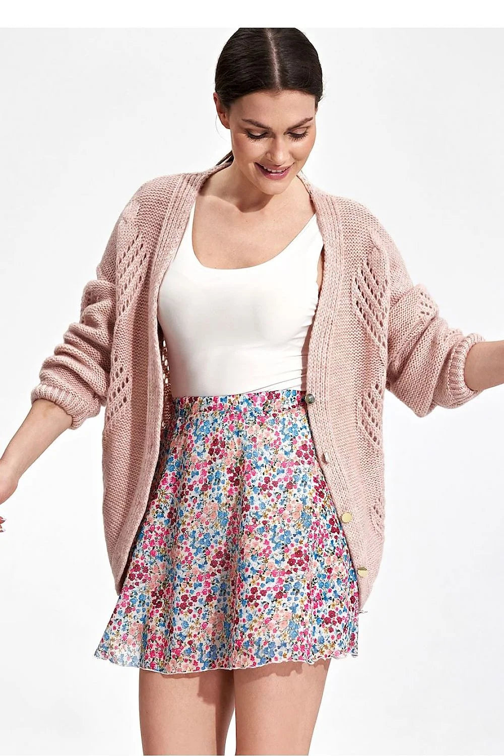 Set Mode Femme Cardigan Tricot Rose Débardeur Blanc Jupe Évasée Imprimée Floral Coupe Décontractée Matière Douce