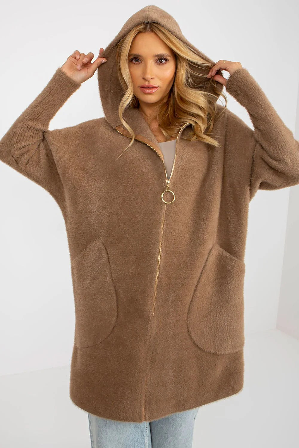Manteau pour femme ample en laine et viscose couleur beige manches longues capuche fermeture éclair poches grandes